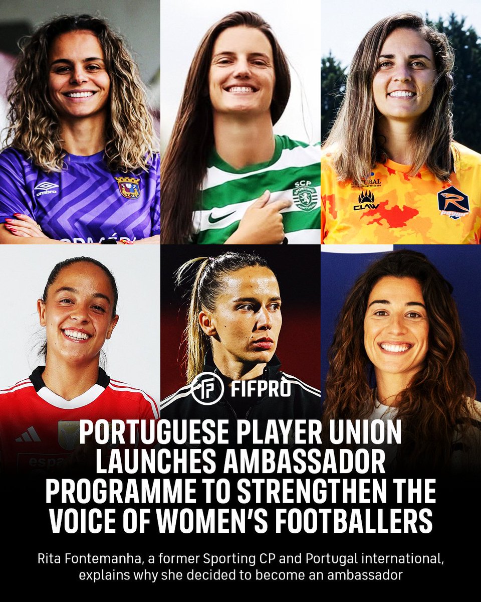 FIFPRO's tweet photo. Portuguese player union @SJPF_Pt has launched a new ambassador programme that empowers six women's footballers to champion issues that matter to players:

📚 Catarina Realista – Education
🌈 Rute Costa – Inclusion and Diversity
🤱 Beatriz Cameirao – Motherhood
🧠 @MadalenaMarau – Mental Health
⚖️ @11TatianaPinto – Gender Equality
💼 @RFontemanha – Entrepreneurship

Learn more: https://t.co/tdYsztv7m5