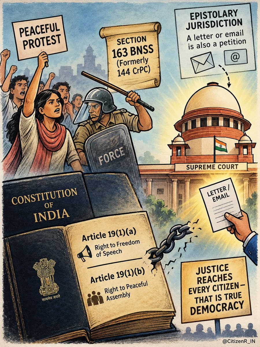 CitizenR_IN's tweet photo. ‘क्या शांतिपूर्ण प्रदर्शन अब अपराध है?’ अनुच्छेद 19(1)(a) और 19(1)(b) की रक्षा कौन करेगा जब धारा 163 BNSS का मनमाना प्रयोग हो रहा है। #Article32 और #SupremeCourtOfIndia ही असली सहारा हैं। सवाल है क्या #Democracy और #FundamentalRights बच पाएंगे? @zoo_bear https://t.co/GtSfV9duYT