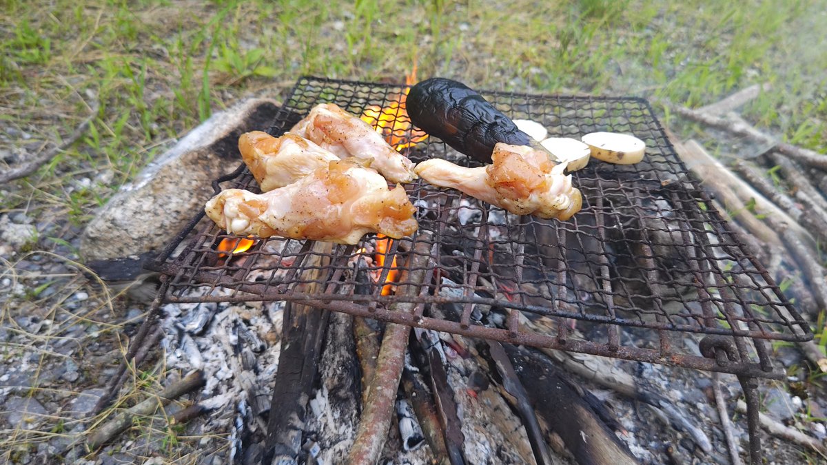fishshuu's tweet photo. ヒグラシのBGM開始♫
ダイブ前に汗だくで集めといた薪に点火して開栓🍺
牛タンやハラミは大好物だけど

夏の直火焼き茄子も美味すぎるでしょ🍆 https://t.co/1NmCFWj74W