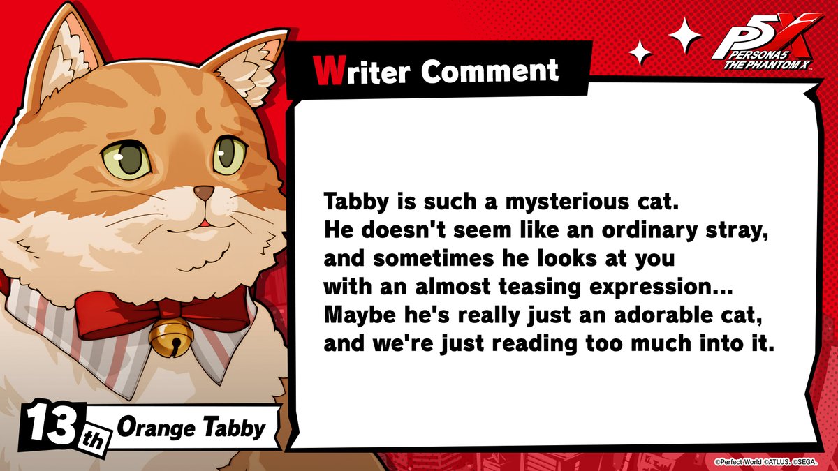 P5XOfficialWest's tweet photo. ／
1st P5X Character Popularity Poll
Special Digital Wallpaper Giveaway! 🏆
＼

We’re giving away a special wallpaper featuring Orange Tabby, who ranked 13th in the popularity poll!

You don't have to be a cat person to fall for this tabby's charms! 📱✨
Be sure to check out the commentary from the Tabby's writer as well!

#P5XEN #P5XPopularityPoll #OrangeTabby