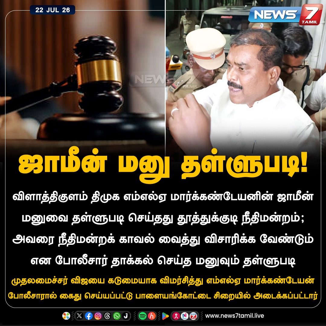news7tamil's tweet photo. ஜாமீன் மனு தள்ளுபடி!
#VilathikulamMLA | #Markandayan | #DMK | #Court | #TamilNews | #LatestNews https://t.co/nQpJoQ4E6c
