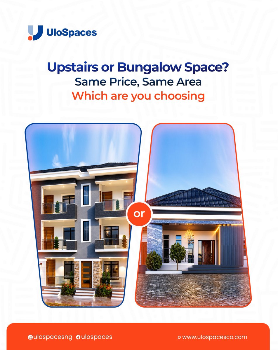 Ulo_Spaces's tweet photo. If price and location were equal, which layout suits your living style best?

​Upstairs Space: Elevated living, modern architecture, and scenic balcony views.

​Bungalow Space: Seamless mobility, spacious layout, and easy ground-floor access.

​Tell us your preference below! 👇

​Download the UloSpaces App (Link in bio) to find your ideal space today.

​#UloSpaces ##UloSpaceApp #PropertyInvestment #HomeInspiration