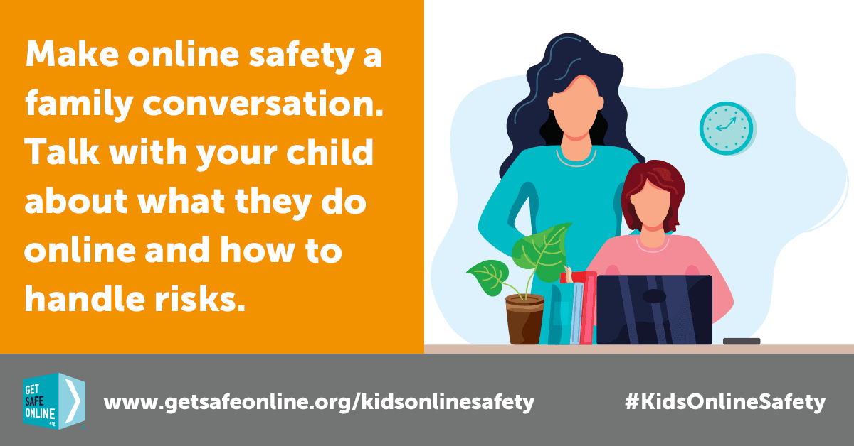 GetSafeOnline's tweet photo. Make online safety a family conversation. Talk with your child about what they do online and how to handle risks #KidsOnlineSafety https://t.co/M0GZHbFpfN https://t.co/Uy1EglZXxU