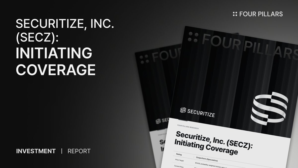 FourPillarsFP's tweet photo. : : Securitize, Inc. (SECZ) — Initiating Coverage
Written by @ponyo_fp 

- We initiate coverage of @Securitize Corp. with an Outperform (Speculative) rating and a price target of $14.50, the probability-weighted intrinsic value of our scenario DCFs, approximately 96% above the $7.41 close of July 8, 2026. The target weights bear, base, and bull intrinsic values of $3.93, $13.04, and $28.16 at 25/50/25. The catalysts that force price discovery are the Q2 2026 print and the first equity-tokenization revenue. The shares have fallen approximately 40% since the July 2 debut on no company-specific news, a move we and press coverage attribute to post-SPAC investor rotation through a thin float. At $7.41 the market pays 0.51x our weighted value and 0.57x our base-case DCF value, with the equity-tokenization option priced at zero. Prices are as of the July 8 close; the stock has since held near that level, closing July 21 at $7.54.

- Tokenized real-world assets reached $31.93B as of June 2026, up 164% year-over-year, with US Treasury products at $14.80B (46.4% of the market) (https://t.co/ayXvVBB5X2, July 3, 2026). The market grew 46% in the first half of 2026 alone. Regulatory prerequisites that blocked institutional adoption (stablecoin legislation, broker-dealer custody, exchange rulemaking, and EU settlement licensing) were each addressed between July 2025 and May 2026.

- Revenue quality, not topline growth, is the center of our analysis. Securitize’s tokenization revenue was flat year-over-year ($11.3M in Q1 2025 versus $11.1M in Q1 2026, down 1%), with full-year 2025 implying a lumpy intra-year path, while platform AUM traveled from $2.9B to a $4.6B peak and back to $3.4B. FY2025’s 234% revenue growth was driven by acquired fund administration and by one-time, partly token-denominated integration fees, not by an AUM royalty. We model the business as four distinct revenue streams. The decomposition drives our estimates below management’s September 2025 targets.

- Q1 2026 results ($19.5M revenue, +39% year-over-year; adjusted EBITDA $0.8M) mark the trough of the recent crypto drawdown rather than the forward run-rate, but the recovery case must be argued from catalysts, not extrapolation. Tokenized AUM was $3.4B at March 31, 2026 and recovered above $4.0B by April (company disclosures). Our FY2026E base case of $92M sits below the $110M management estimate that the issuer itself walked back in the definitive proxy.

- We view the competitive moat as real and specific. Securitize is the only company licensed to operate regulated digital-securities infrastructure in both the US and the EU. The stack comprises an SEC transfer agent, a FINRA broker-dealer with an ATS, the first FINRA custody and atomic-settlement approval (May 4, 2026), fund administration, a CNMV Investment Firm authorization, and an EU DLT Pilot Regime Trading and Settlement System license granted November 26, 2025. Assembling the stack took nine years. The licenses are reinforced by a technical layer that regulation cannot commoditize. The proprietary DS Protocol compliance framework and the shared Securitize iD investor registry sit inside every token on the platform, so migrating an issuer means redeploying contracts on every chain and re-verifying every investor. In our view the open question is not replication but disintermediation and fee capture, which we address in Section IX.

- The intrinsic ladder defines the risk-reward. Downside to our bear-case value of $3.93 is 47%; upside to our base-case value of $13.04 is 76%; the bull case is worth $28.16. The bear assumes growth slows to the recurring engine’s pace (a 31% revenue CAGR) valued at a punitive 17% discount rate; the base requires execution of a 60% revenue CAGR built on contracted but largely unconverted channels; the bull requires the Computershare and NYSE equity-tokenization infrastructure (signed and rule-approved) to convert at scale from 2027. The July 8 close is consistent with a roughly 60% probability on the bear path and none on the bull. A cash floor of approximately $1.92 per share, 26% of the July 8 close, bounds but does not eliminate downside.

Full Report:
https://t.co/ddIYB62xgj