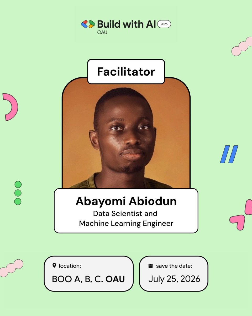 GDGOAU's tweet photo. Want to build AI that solves real problems?
Meet Abayomi Abiodun, facilitator for our AI & ML Breakout Session at #BuildWithAIOAU.
Learn from a Microsoft MVP who's building real-world AI.
Register here: https://t.co/4bveGbLYhk� https://t.co/GV7dA3C3x3