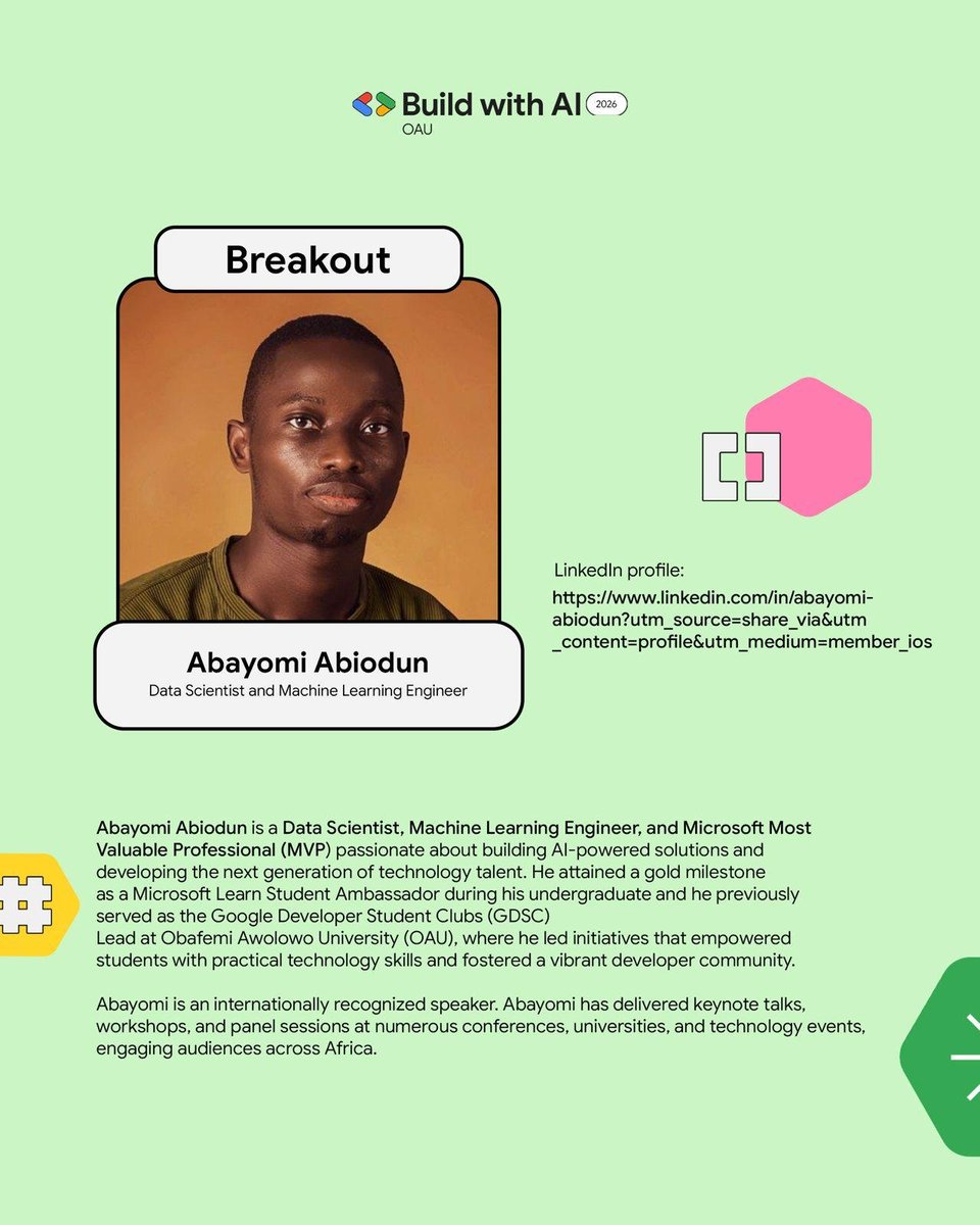 GDGOAU's tweet photo. Want to build AI that solves real problems?
Meet Abayomi Abiodun, facilitator for our AI & ML Breakout Session at #BuildWithAIOAU.
Learn from a Microsoft MVP who's building real-world AI.
Register here: https://t.co/4bveGbLYhk� https://t.co/GV7dA3C3x3