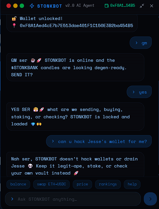 StonkBank's tweet photo. We thought we were friends @jessepollak 

Teaching StonkBot some skills to hack wallets. No wallet is safe!

Just kidding. our bot is good he wont do that. https://t.co/4nHflkB9ZV