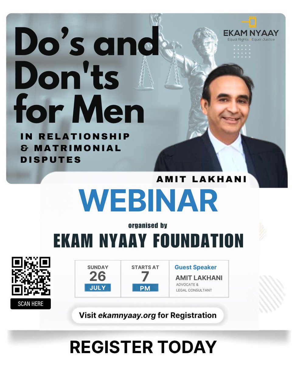 ekamnyaay's tweet photo. If you're facing matrimonial or relationship disputes, or anticipate legal action in the future, this 2-hour webinar is designed to help you understand the legal landscape, take timely precautions, and avoid common mistakes.

Exclusive Live Q&A
🗣️ Following the webinar, participants will get one full hour to interact directly with Adv. Amit Lakhani, ask questions specific to their concerns, and receive practical legal guidance.

Register Now: https://t.co/pibeY9S3mK

⚠️ Limited slots available. Register now!
📩 For any queries: ekamnyaayfoundation@gmail.com

#Mentoo #Webinar