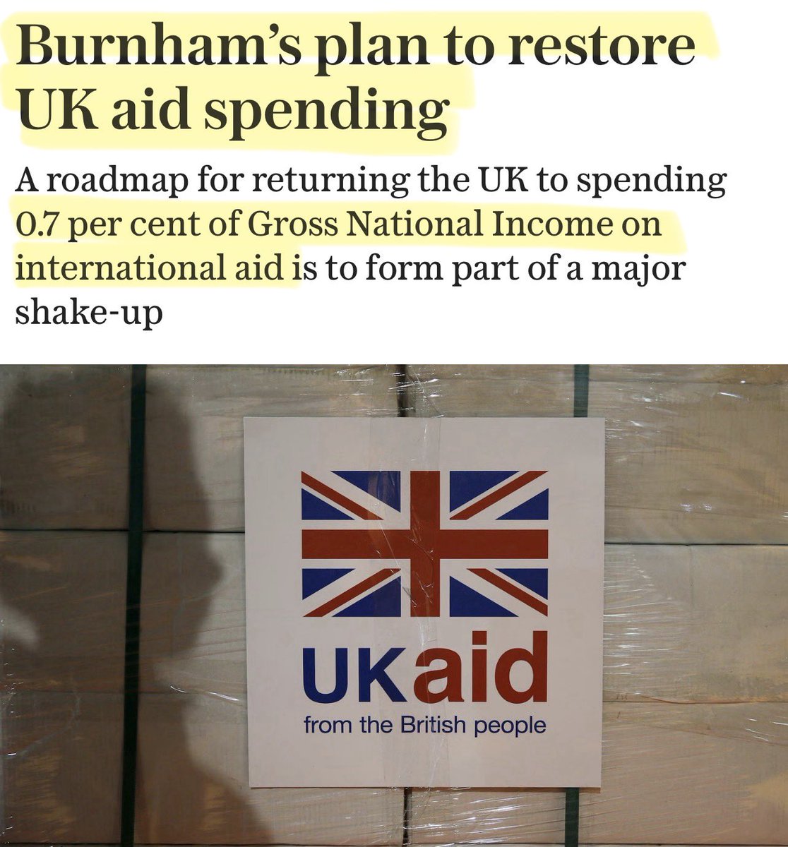 Artemisfornow's tweet photo. Brilliant news taxpayers!!! King Andy wants to massively INCREASE foreign aid spending back to 0.7% of national income.

That’s about £21 BILLION PER YEAR.

why would an extra £11-12 billion for overseas aid be a higher priority than spending money (we don’t have in the first place) here?

It's a simple question.