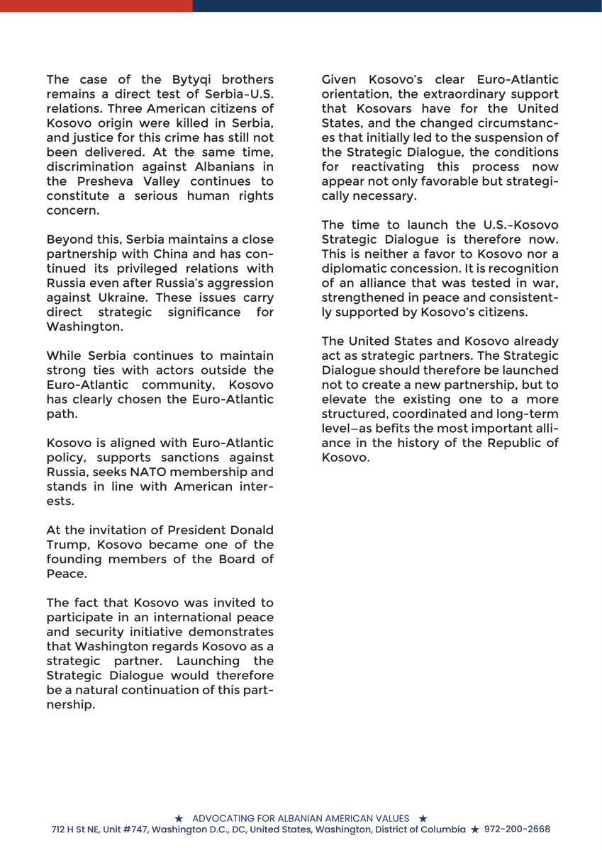 Albanians4USA's tweet photo. The time to launch the U.S.–Kosovo Strategic Dialogue is now.

In our latest op-ed, Albanians for America argues that this dialogue is not a favor to Kosovo, but the natural recognition of an alliance tested in war, strengthened in peace, and sustained by the overwhelming support of Kosovo’s citizens.

Kosovo and the United States already act as strategic partners. It is time to elevate that partnership through a structured, coordinated, and long-term Strategic Dialogue.

Read our full op-ed below.