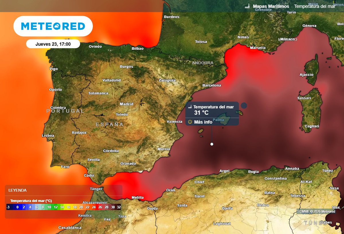 samuel_biener's tweet photo. Resulta muy llamativa y preocupante la ola de calor marina que sufre este verano el Mediterráneo occidental por su extensión, intensidad y duración.

En varias boyas de Baleares la temperatura del mar ha superado los 30 ºC, y no están lejos en València, cabo de Palos o Tarragona. https://t.co/bCdtDhsp7w