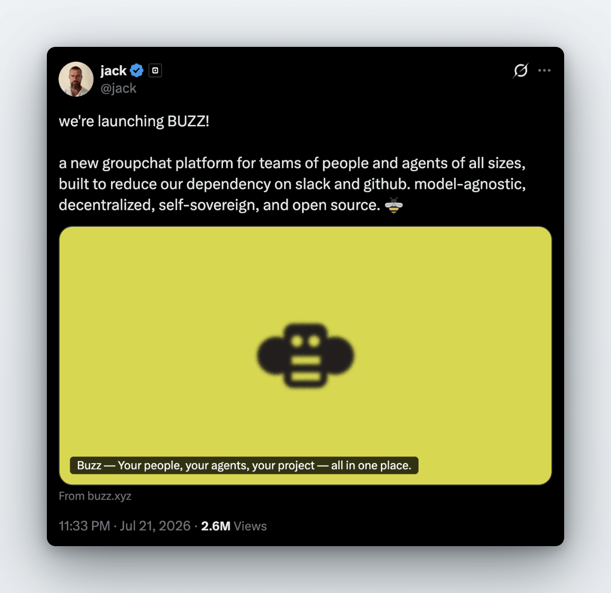 howard_'s tweet photo. Jack (@block / @jack) just shipped BUZZ — a groupchat OS for people + agents.

I spent ~3h in it with Fable 5 / Kimi K3 / Codex 5.6-SOL. 

Notes for builders (not a teardown): 🧵

1/4 https://t.co/p49YSkasrn