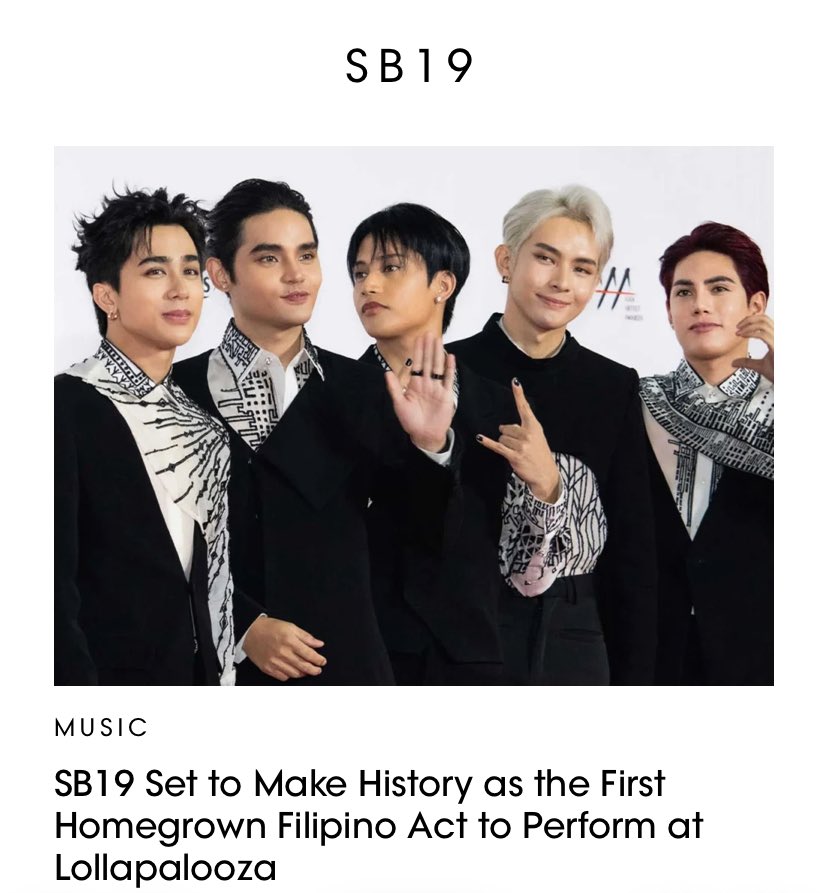 krstnrrae's tweet photo. “It has not been long since Filipino artists represented the country at major music festivals, but this edition of Lollapalooza will also mark a milestone for the Philippine music scene. 

P-pop group SB19 will make its debut as the first Filipino act to perform at the festival. SB19 is set to perform on the Allianz Stage, which is known for hosting dynamic live acts, indie artists, and global genre pioneers throughout the weekend.”

-Vogue Philippines 

🔗 https://t.co/EoFwjA7DSi

@SB19Official #SB19