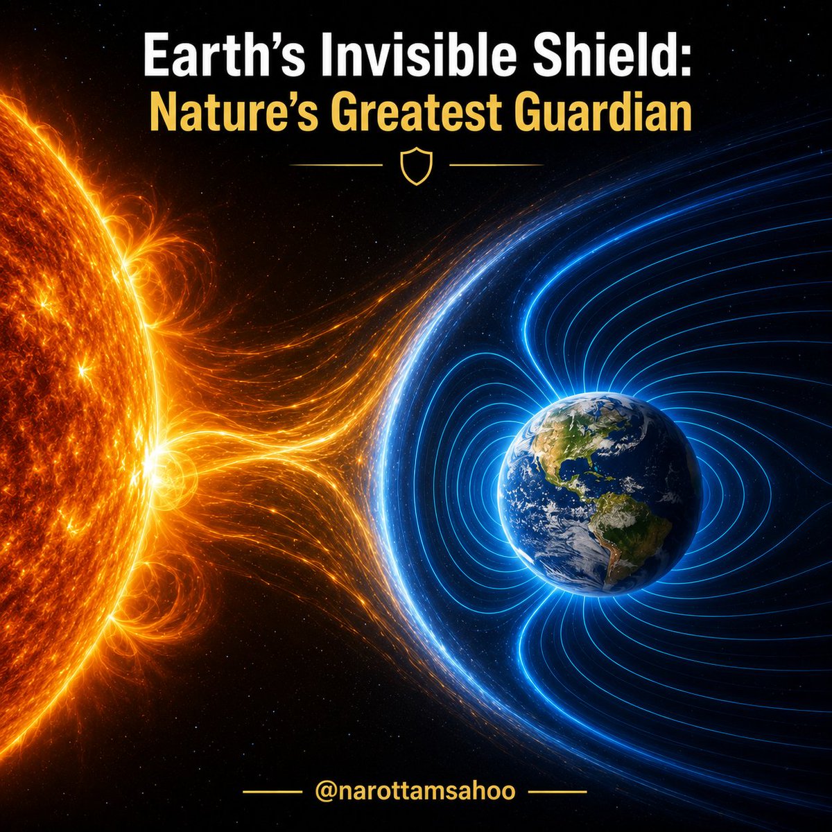 narottamsahoo's tweet photo. Every second, the #Sun hurls nearly 1.5 million tons of charged particles into space at extraordinary speeds.

Yet, #Earth's invisible magnetic shield stands as our silent guardian, deflecting the relentless #solarwind and making life possible on our #blueplanet.

A powerful reminder that #nature's unseen forces are often our greatest protectors.