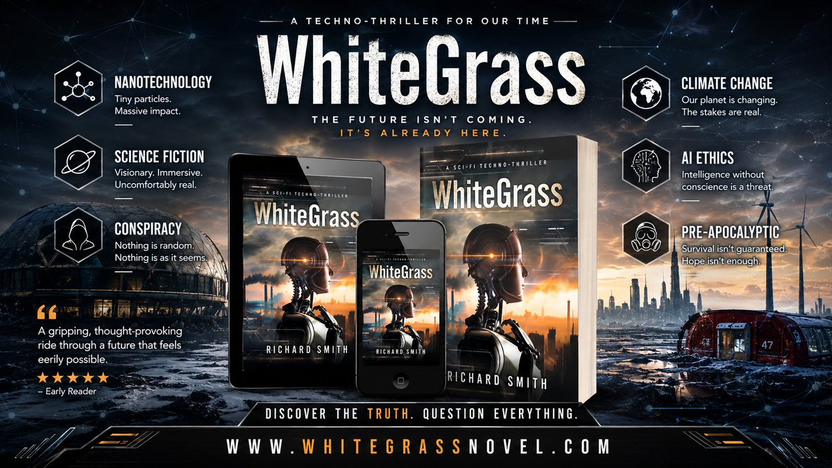 WhtGrass's tweet photo. WhiteGrass by Richard Smith is a gripping techno-thriller that explores nanotechnology, artificial intelligence, climate change, conspiracy and the dangerous consequences of innovation without limits
Learn more at https://t.co/1BgIBx2RL7

#WhiteGrass #RichardSmith #TechnoThriller https://t.co/EZgue2jdCS