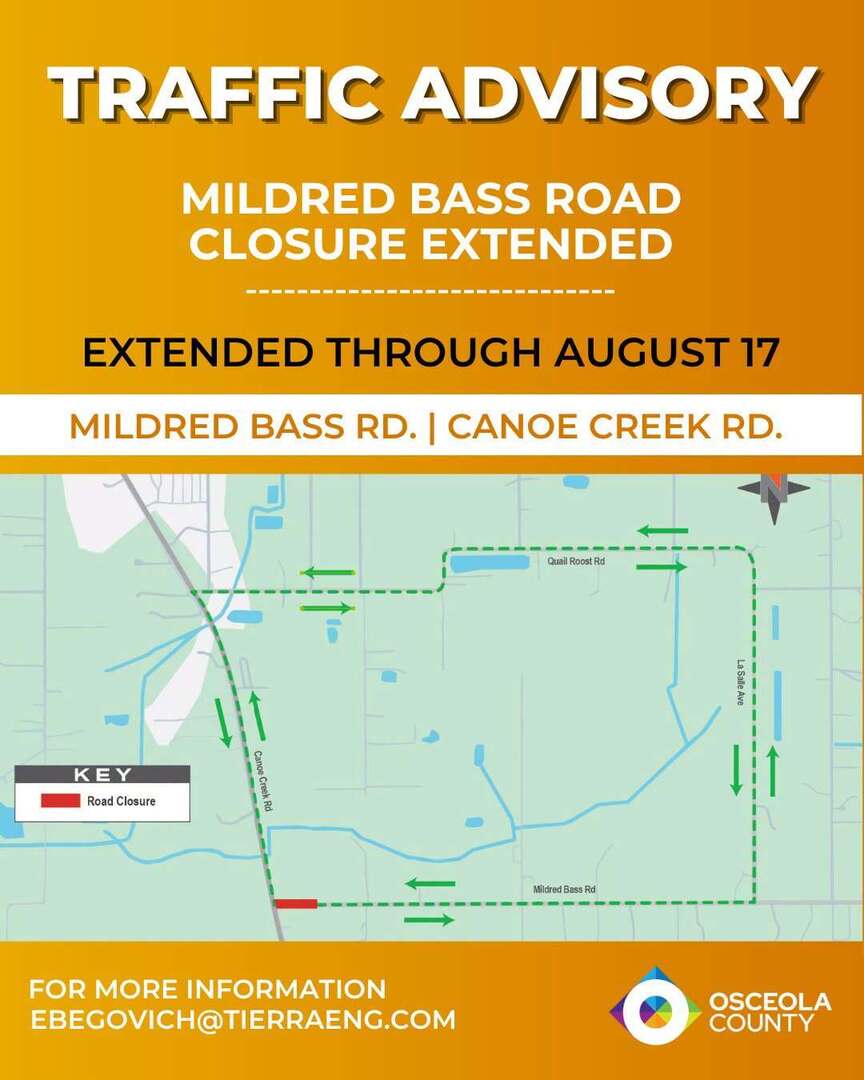 positiveosceola's tweet photo. 📣TRAFFIC UPDATE: Mildred Bass Road Closure Extended 
The closure of Mildred Bass Road near Canoe Creek Road has been extended to allow crews to complete ongoing utility work before continuing with underground pipe installation and roadway improvements.
… https://t.co/vg2OjCUToY https://t.co/wX6hBp67WZ