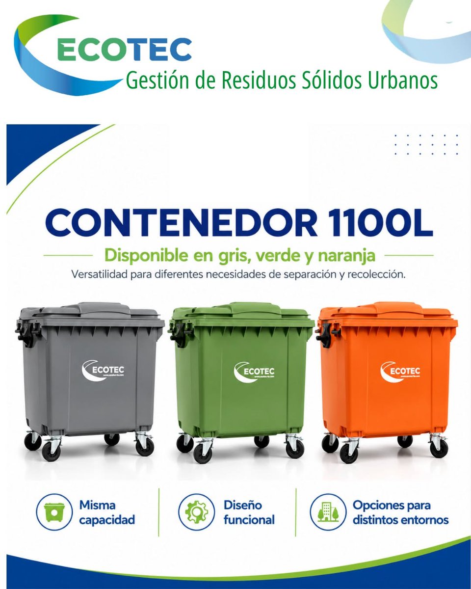 EcoTecLA's tweet photo. Capacidad, resistencia y movilidad en un mismo producto. El contenedor de 1100 L cuenta con cuatro ruedas que facilitan su desplazamiento y un diseño ideal para aplicaciones urbanas e industriales.
Optimiza la gestión de residuos en tus instalaciones.
#ECOTEC #Contenedor1100L https://t.co/ZIBSdT6G9x