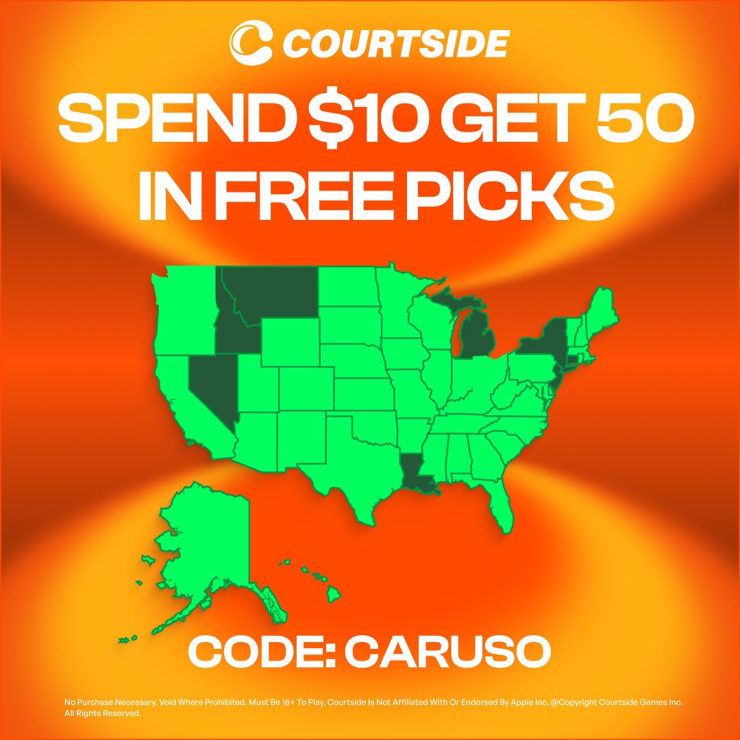 AlexCaruso's tweet photo. Spend $10 get $50 in FREE PICKS on Courtside

✅Available in 42 States
✅More line shopping for better odds
✅Bet on games in non-Sportsbook states

Use Code CARUSO to UNLOCK this⬇️
https://t.co/oYgZ6mGd9w https://t.co/CkeD7wPkKi