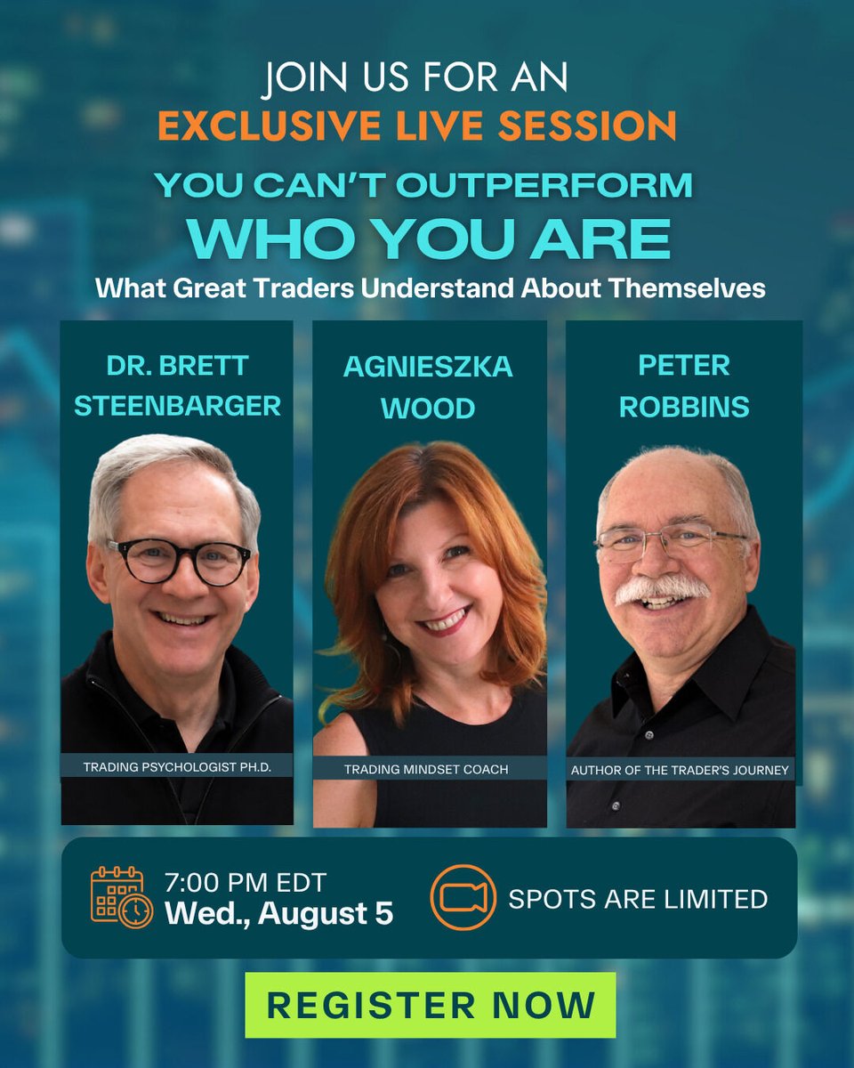 Ahead_Coach's tweet photo. What if your next trading breakthrough comes from understanding yourself, not learning another strategy?

Join me, Dr. Brett Steenbarger @steenbab and Peter Robbins @prrobbins  for a live conversation on the psychology behind consistent trading.

📅 August 5
🕖 7:00 PM EDT

Register here: https://t.co/sxOktCuEnQ

#TradingPsychology #TraderMindset #TradingDiscipline #ConsistentTrading #EmotionalDiscipline #PerformancePsychology