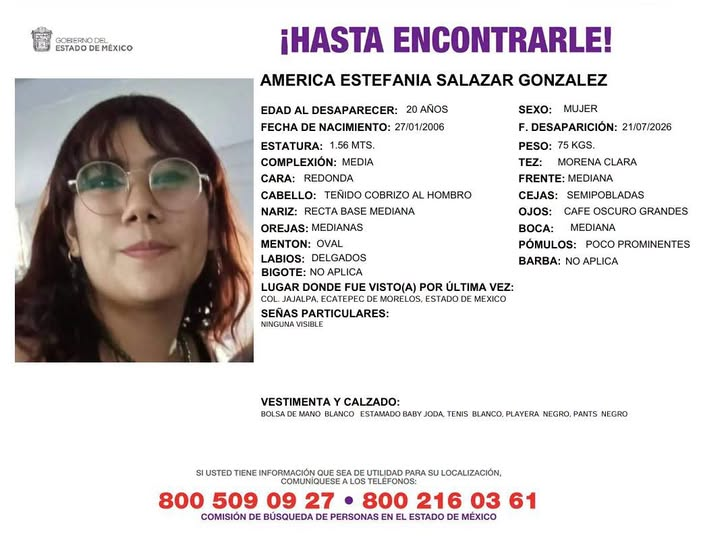 COBUPEM's tweet photo. Solicitamos de tu apoyo en difusión para dar pronta localización a AMERICA ESTEFANIA SALAZAR GONZALEZ, comunícate a los teléfonos de COBUPEM 800 216 0361, 800 509 0927. #TodosEnLaBúsqueda https://t.co/PFuJXs1nef