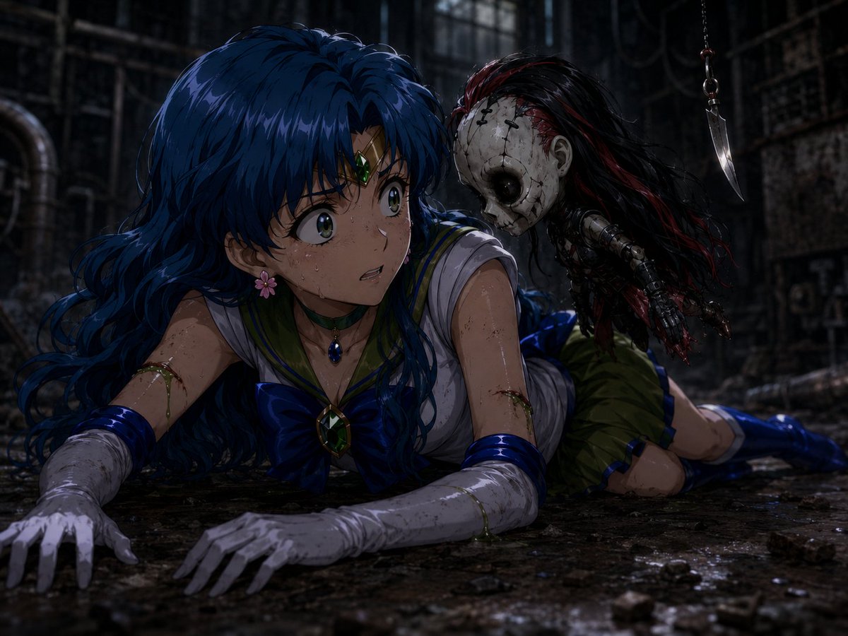 SailorVernal's tweet photo. 💙💚：（ドサッ！）「くっ……」

​突然の攻撃に何が起きたのか理解もできないまま倒れ込むバーナル。

​💙💚：「う……え？待って、下半身に、力が……？」

​もがきながら振り返ると、腰には、不吉な緑色の毒が塗られた小さなナイフが脊椎に突き刺さっていた。

​💙💚：「な、何……！」

​ターゲットの無力化を確認した暗殺者の人形が、踊るように影から抜け出し、バーナルに近づいてくる。

​カタカタ、カタカタ

​どうにかもがいて這って逃げようとするバーナルの背中の上に歩いて登ると、軽々とナイフを棒のようにして一回転し、引き抜いた。

​💙💚：（プシュッ！）「きゃあっ！うぅっ……だめ……まだ……負けない……！」

​体を横にねじり、人形を目で追おうとした瞬間、瞬く間にバーナルの両腕を刃が切り裂く。

​💙💚：（ザシュッー！）「きゃああっ！うぅ……だめ……！」

​四肢が毒で麻痺したバーナルの体から降りて、顔の前に立つ人形。犠牲者の最期の姿を楽しむかのようにじっくりと見つめ、やがて一歩、また一歩と近づいてくる。

​💙💚：「ひぃっ……！だめ……！くっ……！仲間に、警告だけでも……！」

​心の中ではとてつもない恐怖に包まれていたが、必死に落ち着きを取り戻し、すでに敗北した自分は諦めるとしても、警告を残す方法を考えるバーナル。しかし、彼女にできる行動などあるはずがなかった。

​💙💚：「だ……め……！（スッー）あ……（ガクッ）」

​首に冷たい感触が素早くかすめるのを感じると同時に、気絶してしまうバーナル。

​幸いにも、暗殺者の人形が首に引いたのは、その冷たい指だった。やがて倒れたバーナルを地下室へと引きずっていく人形……。

#セーラーバーナル　#SailorVernal  #AIイラスト