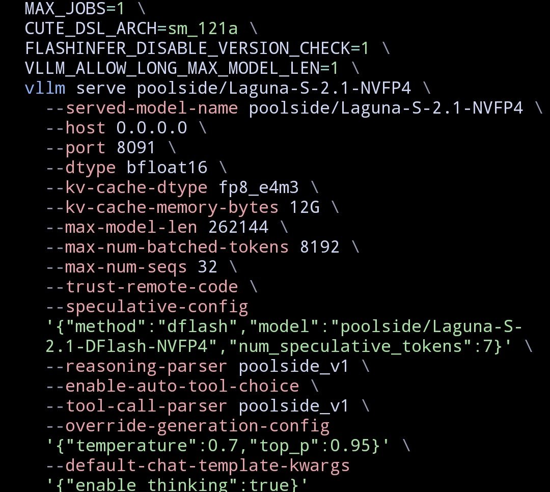 basecampbernie's tweet photo. @sudoingX Single DGX Spark. Poolside Laguna S 2.1 117.6B-A8.5B NVFP4 with matched DFlash x7 speculative decoding, 262K context, 12 GiB FP8 E4M3 KV cache
Getting about 20-35 t/s https://t.co/Xbh7pkO6R1