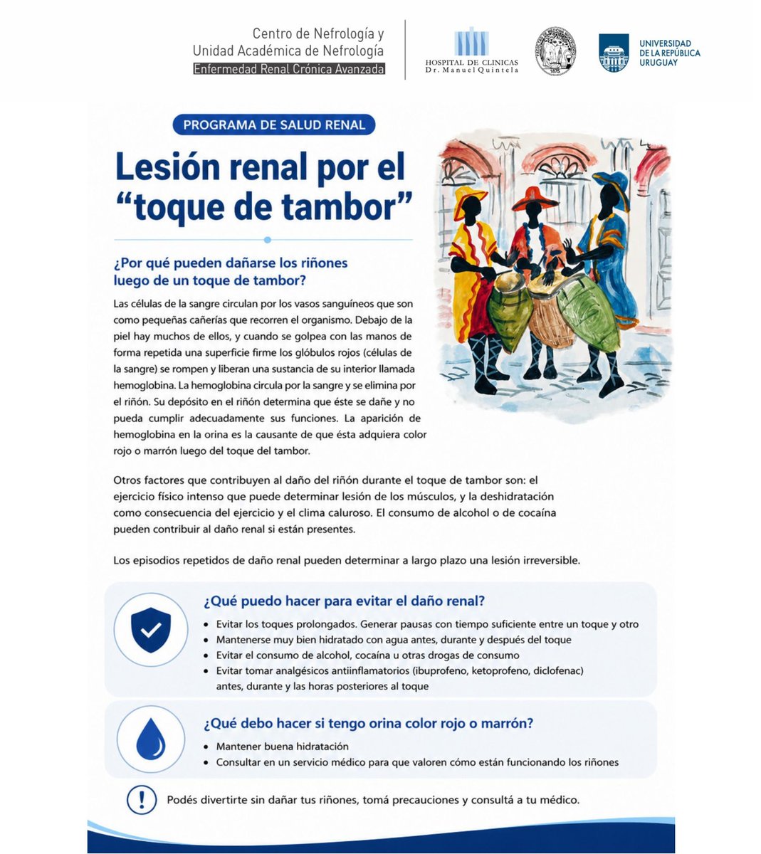 hcmquintela's tweet photo. Candombe y Salud
📅 26 de julio 2026
⏰ 15-20h
📍 ACSUN Lorenzo Carnelli 1142

Taller: “El Candombe y la salud renal en sintonía” 
a cargo de Lic. Giuliana Ferme y Natalia Fernández del Hospital de Clínicas. https://t.co/E036ayBZd0