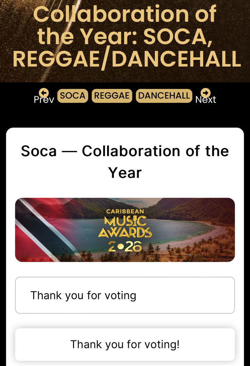 FeelTheBass86's tweet photo. Nicki Minaj is nominated for Soca Collaboration of the Year at the Caribbean Music Awards 2026 with “Eskimo” and Trinidad Killa 🇹🇹

Time to flood the votes and show why the Queen stays winning

Quick vote link: https://t.co/cAF6aAScx7 → Hit Categories → Scroll down to Soca Collaboration of the Year

Vote heavy, tag Barbz, and drop your voting receipts/screenshots in the comments

We taking this one home for Nicki