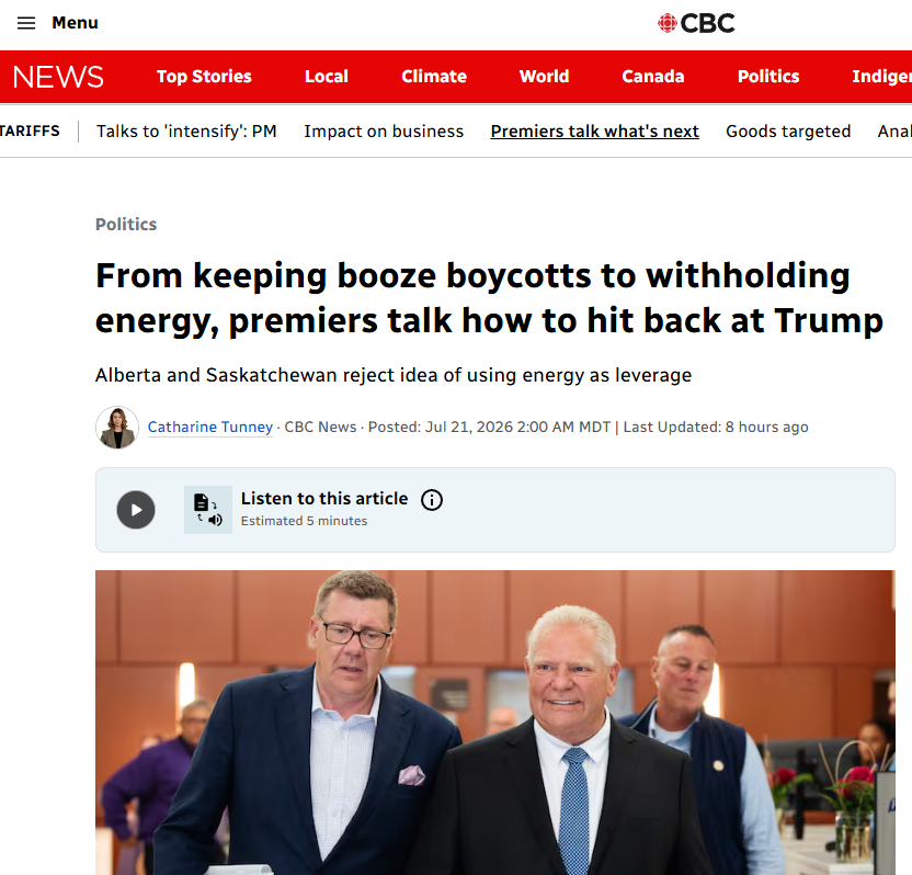 ikwilson's tweet photo. Several premiers now want to use Alberta oil as leverage with Washington.

That tells us everything.

Ontario, Quebec and B.C. depend on Alberta energy and on trade with the United States. Alberta’s principal export market is already the United States—not the other provinces.

When Alberta negotiates its independence, that economic strength will be impossible to ignore. Alberta can do better. https://t.co/70SdJ6CVcj