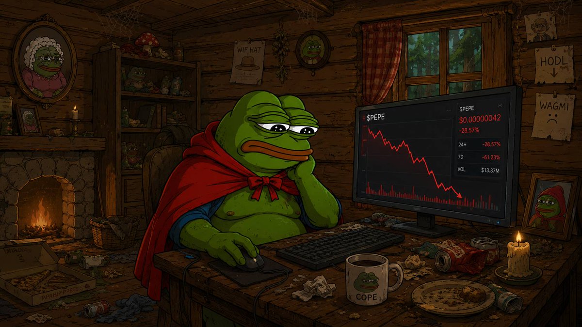 RedHoodPepe's tweet photo. Once upon a time in the fucked-up woods of the blockchain lived Red Hood Pepe - a 34-year-old overgrown frog degen who still lived with his mom..... https://t.co/Gfvbt3dDyF