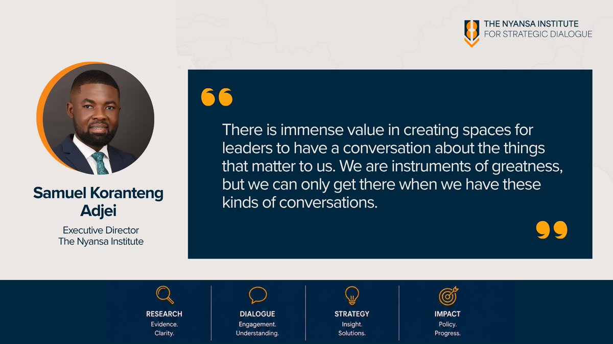 Nyansainstitute's tweet photo. (5/6) Strong democracies are built through strong conversations.

Nyansa Institute Executive Director, Samuel Koranteng Adjei, reminded us why creating space for thoughtful, evidence-informed dialogue matters now more than ever.

#NyansaInstitute #StrategicDialogue https://t.co/BRXO1xB38U