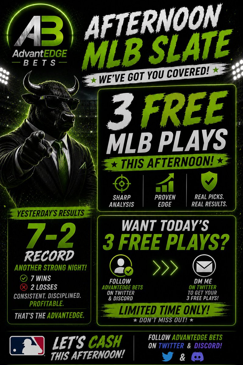 advantedgebets's tweet photo. Huge slate today.  Get it started early.  Offering three free MLB plays to those who follow and DM me.  #MLBBetting #mlb #freebets

https://t.co/5qAQGDxFNo https://t.co/YHbtDfbLqj