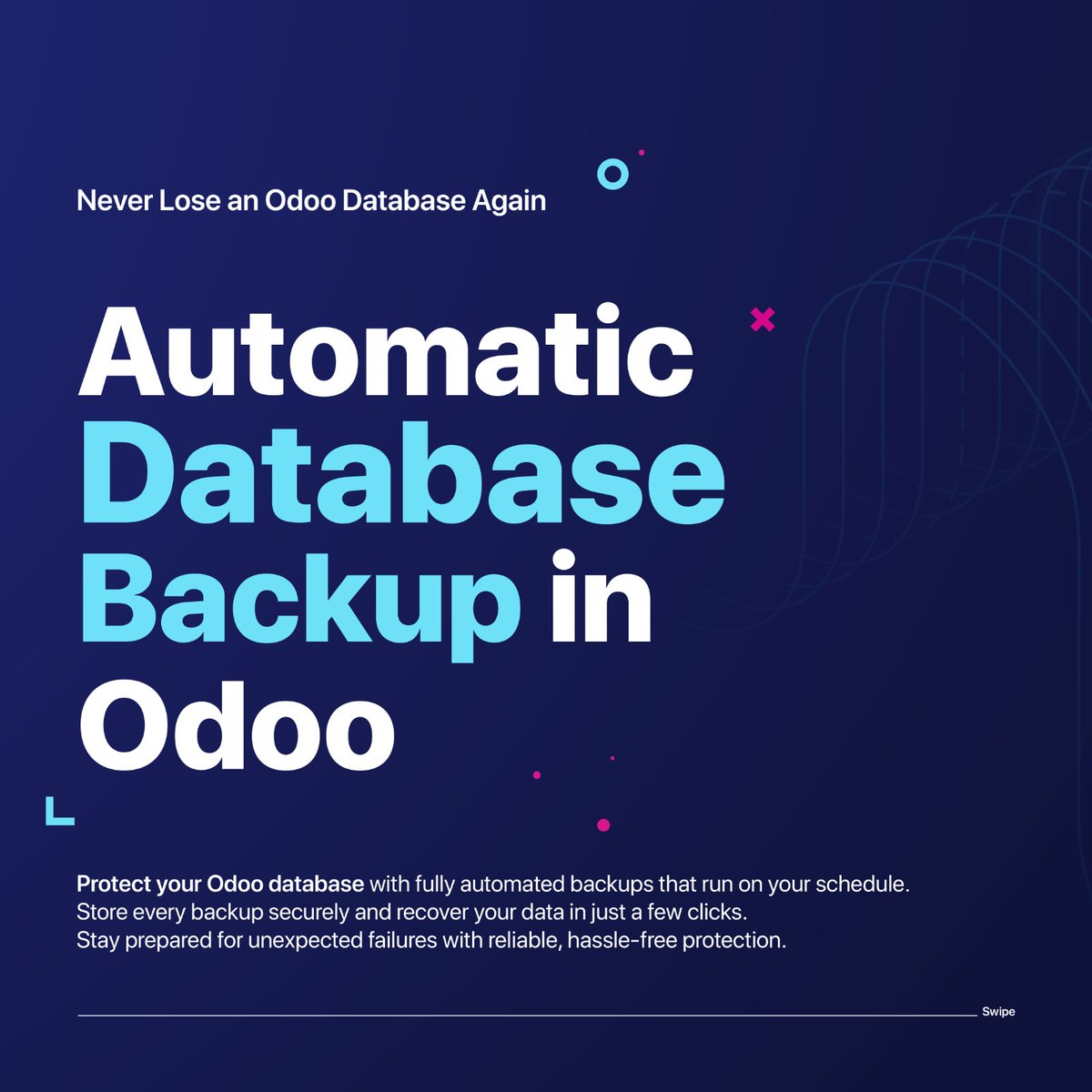 Cybrosys's tweet photo. Manual Odoo backups get forgotten—until it’s too late.

Automatic Database Backup for Odoo 19 automates scheduled backups and cleans up old files for you.
☁️ 12 destinations (GDrive, S3, Dropbox, Azure) 
🗓️ Auto-cron &amp; cleanup 
📧 Email alerts
https://t.co/dJ9dtvLycD https://t.co/qmeikiDYQV