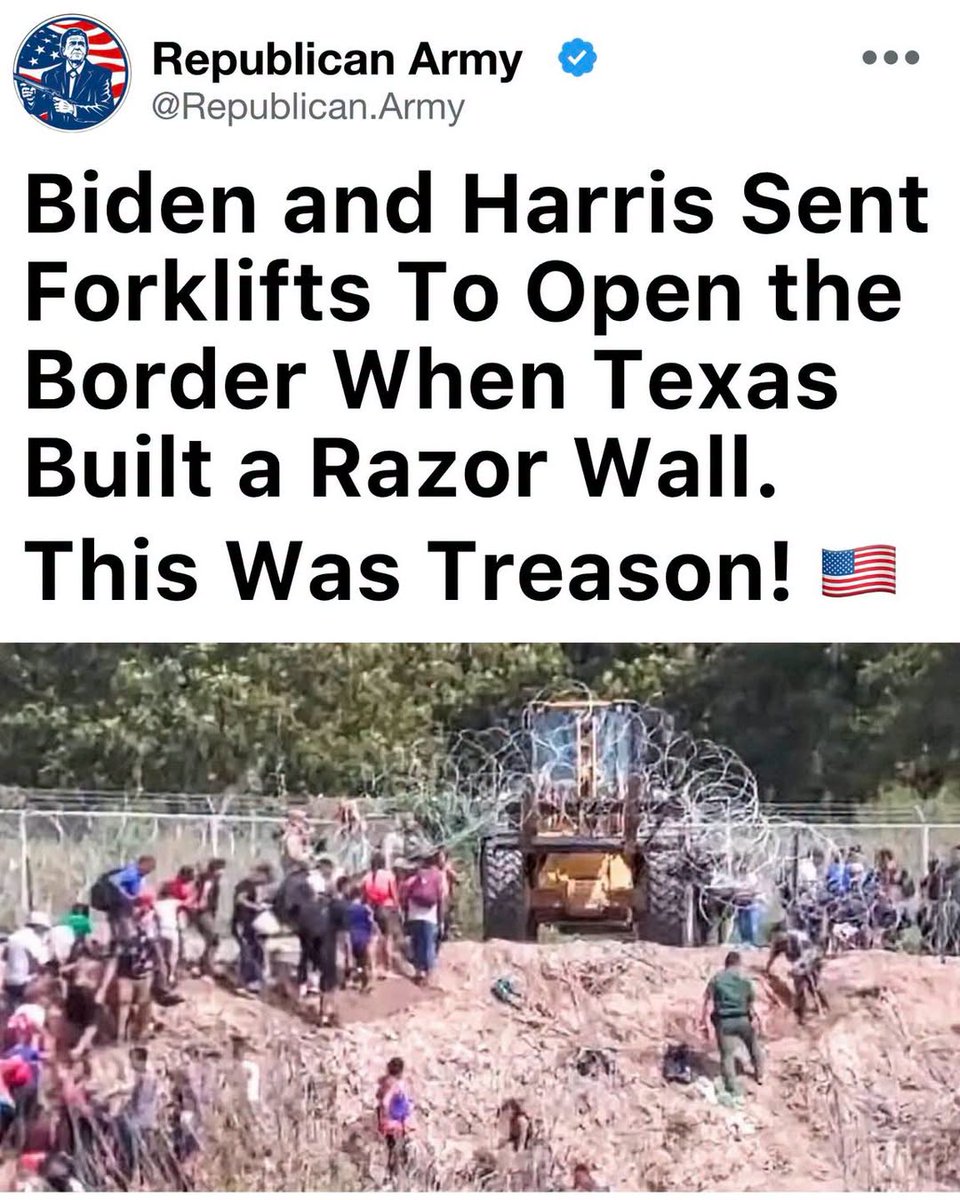 wdunlap's tweet photo. Never forget the betrayal at our southern border. When Texas stepped up to protect American sovereignty with razor wire barriers under Operation Lone Star, the Biden-Harris administration responded by deploying heavy machinery like forklifts to tear them down. This wasn’t about safety or processing—it was a deliberate effort to facilitate mass illegal crossings at Eagle Pass.
Federal agents lifted sections of the wire, allowing hundreds of migrants to pour through unchecked, turning a secure line into an open invitation. Texas fought back with lawsuits, but courts and bureaucrats sided with open borders over national security, exposing the depths of federal overreach.
This act of undermining our laws and endangering communities was nothing short of treason against the American people. We must r