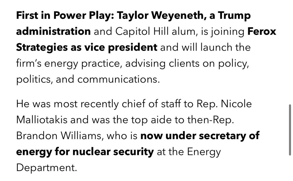 TaylorWeyeneth's tweet photo. The next decade will be defined by one question: How does America stay competitive?

Energy will be a major part of that answer.

That’s why I’m joining @FeroxStrategies as Vice President to build and lead the firm’s Energy Practice.

Ready to get to work.