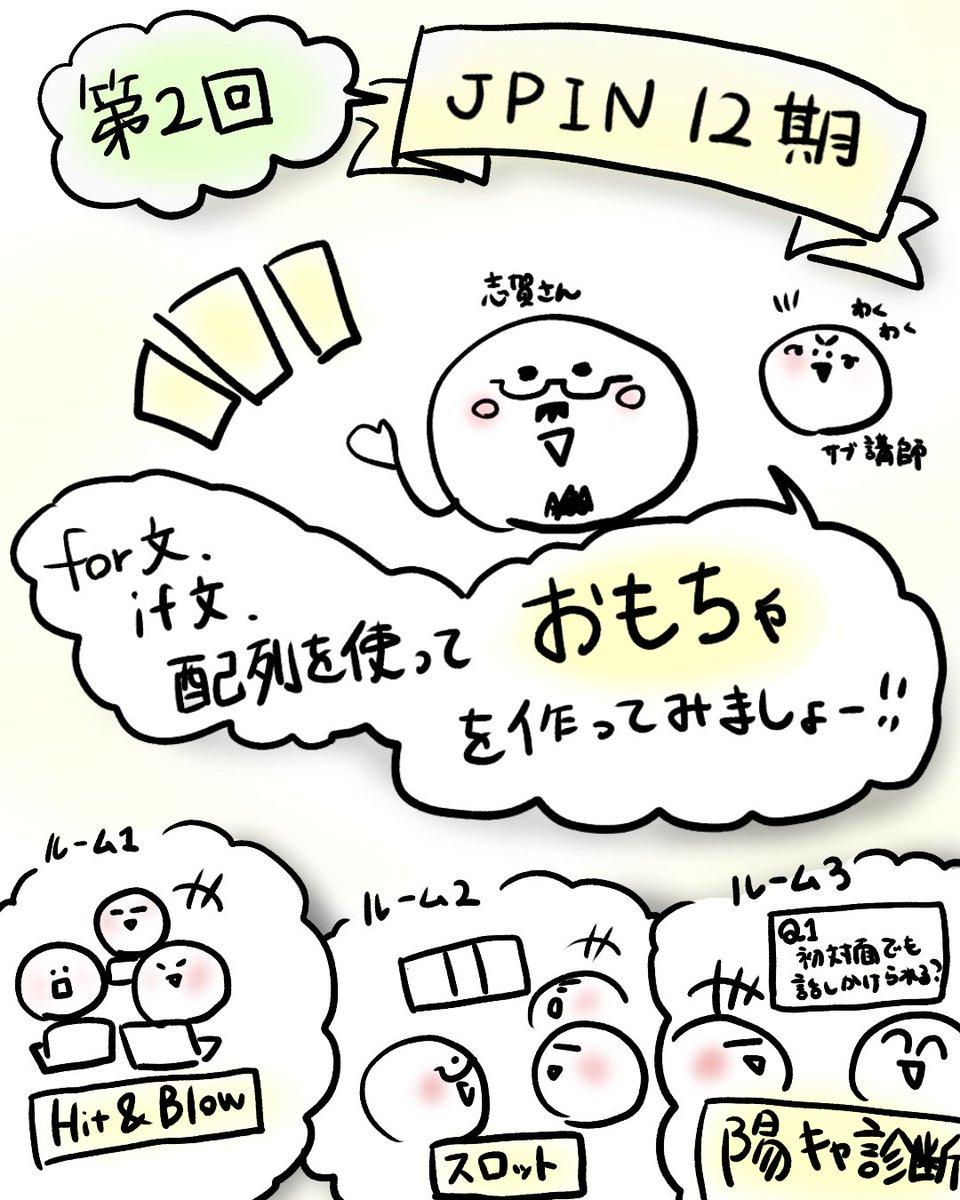 Sumire144893's tweet photo. #JPIN
昨日はJPIN12期 2回目でした!
基礎構文をさらった後、
各グループで自分たちでお題を決めて
おもちゃを作ってもらいました☺️
楽しそうな雰囲気で良かったです。
やっぱりこういうソース書くときは、
出来上がったら楽しいものを書くのが一番ですね!!
学生の頃は学んだことを生かしてよくいたずらプログラムとか書いてました😎