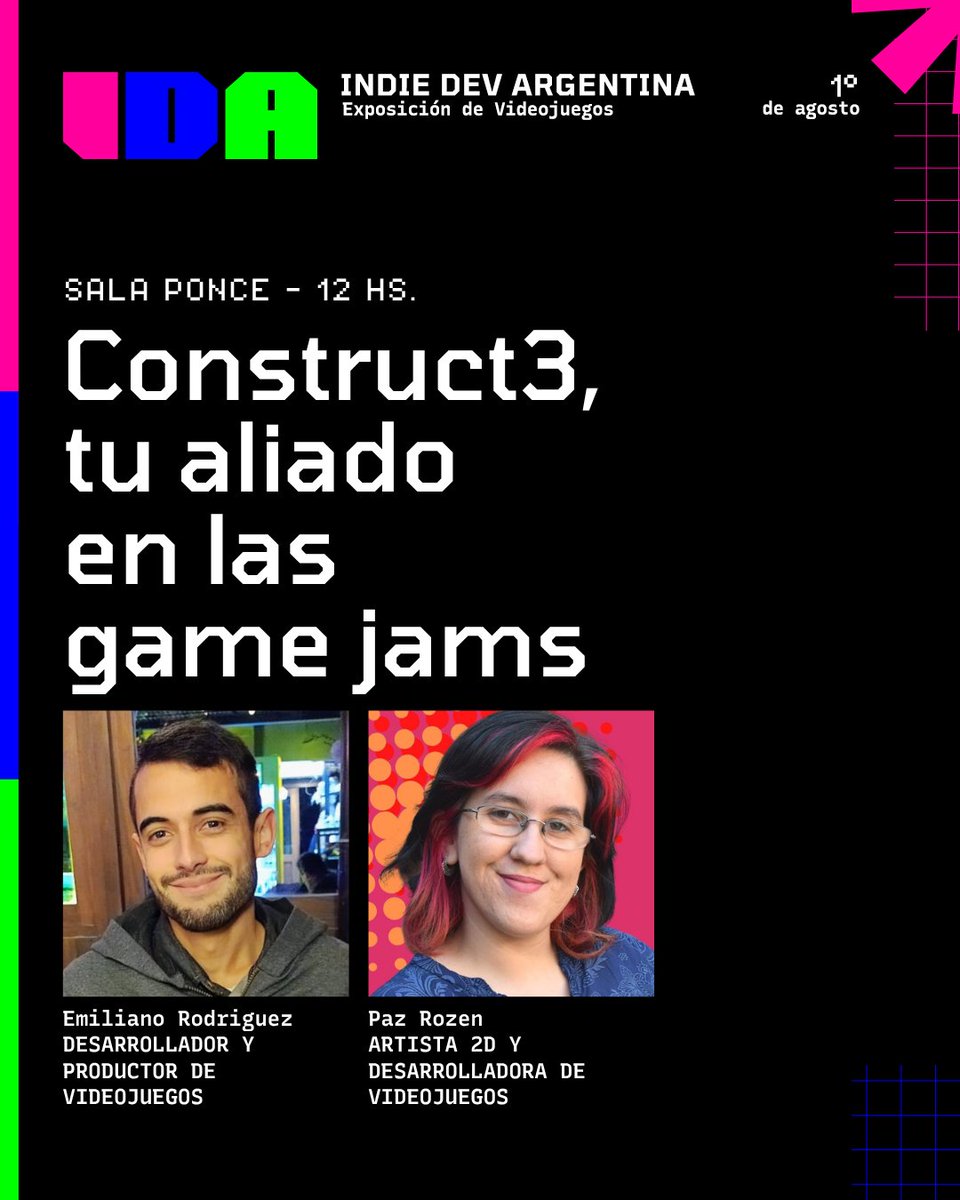 IndieDevAr's tweet photo. ✨ "Construct3, tu aliado en las game jams" con Emiliano Rodriguez y Paz Rozen de la comunidad @ConstructArg https://t.co/S5giCHX1ba