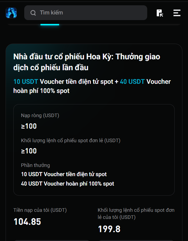 Salicylate_06's tweet photo. Ai đang có acc chưa từng giao dịch Spot Stocks thì tham khảo event này nha

Điều kiện tham gia khá đơn giản và dễ đạt: 
  🔷Nạp ròng tối thiểu 100 USDT
  🔷Thực hiện ít nhất 1 lệnh giao dịch cổ phiếu spot với khối lượng ≥ 100 USDT

Phần thưởng nhận được: 10 USDT Voucher tiền điện tử Spot và 40 USDT Voucher hoàn phí 100% Spot

Tui đã nạp 104.85 USDT và thực hiện lệnh cổ phiếu spot với khối lượng 199.8 USDT, đủ điều kiện nhận thưởng ngay

Event này anh em có thể trải nghiệm giao dịch cổ phiếu trên Bitget và task không cần cầu kỳ. Ae đang quan tâm có thể tham khảo và thực hiện theo các bước để lụm nha !!!
‼️Bài viết chỉ mang tính chất tham khảo, không phải lời khuyên đầu tư
#Bitget #Stocks #Spot #Salicylate