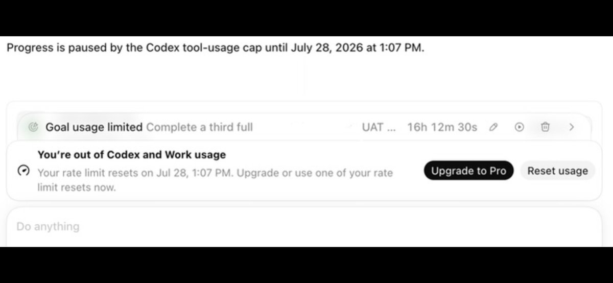 everchant's tweet photo. @thsottiaux @Mugilan_SS @OpenAI what changed? previous goals would keep going even after exhausting usage https://t.co/fWfa7Hy0JH