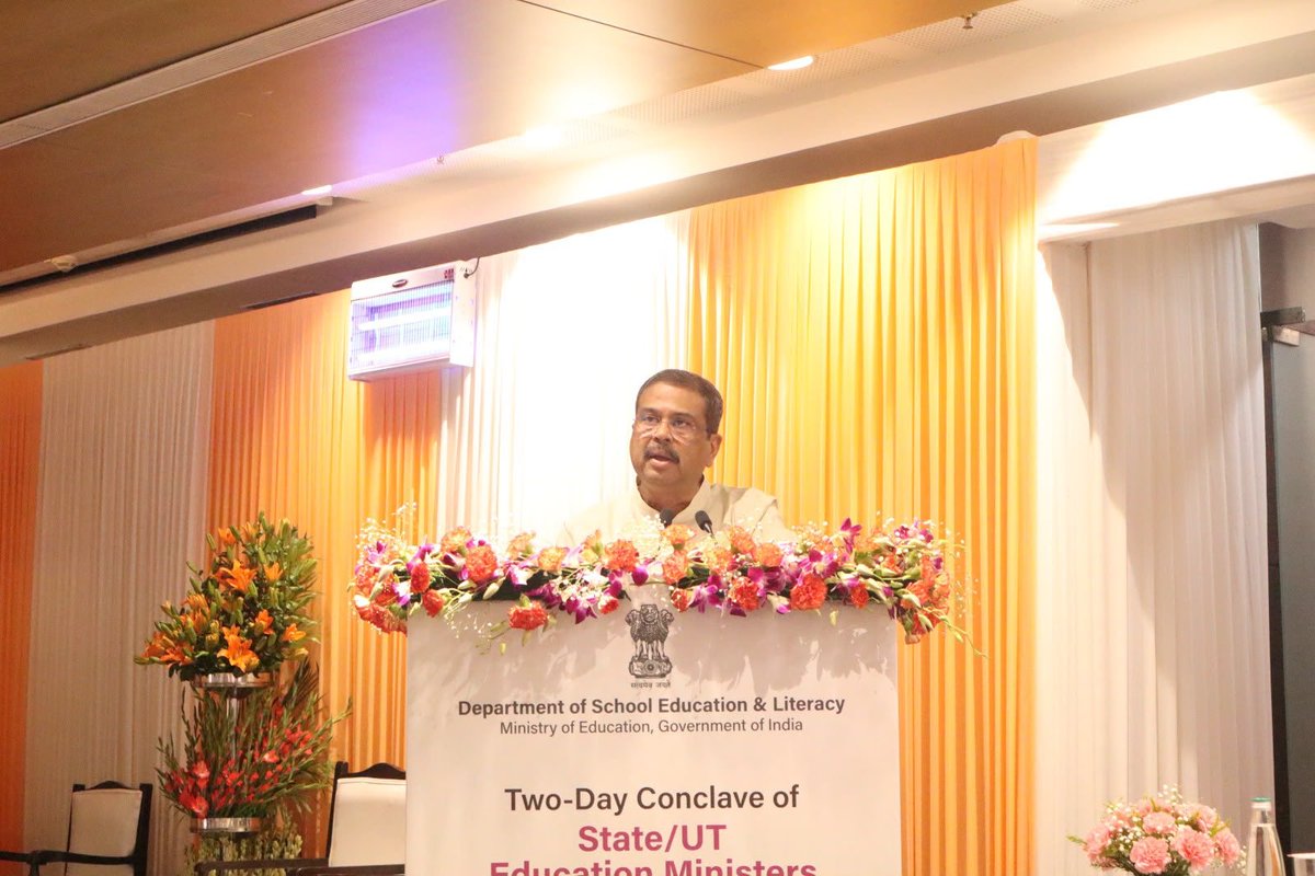 EduMinOfIndia's tweet photo. Hon'ble Union Minister for Education Shri @dpradhanbjp chaired Day 1 of the two-day Conclave of State & UT Education Ministers to review Centrally Sponsored Schemes of the Department of School Education & Literacy. 

Highlighting the progress made through Samagra Shiksha, PM SHRI, NIPUN Bharat, PM POSHAN and ULLAS, he called upon States and UTs to continue working together to strengthen foundational literacy and numeracy, empower teachers, leverage technology and AI, and ensure the holistic development of every learner. #NEP2020 

Read more: https://t.co/XplmFl5Scw