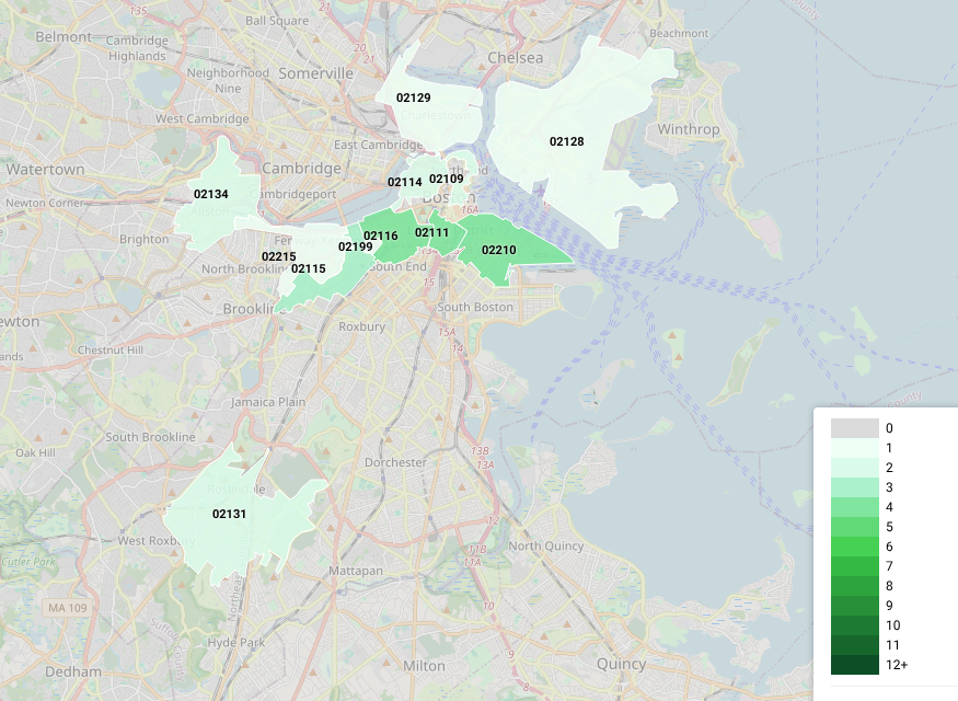 TMfilingsBOS's tweet photo. 🗺️Last week, 27 federal trademark applications filed by Boston applicants came from 12 unique city ZIP codes. 
        Top ZIP Code: 02210 (4). https://t.co/lTnQk2mh99