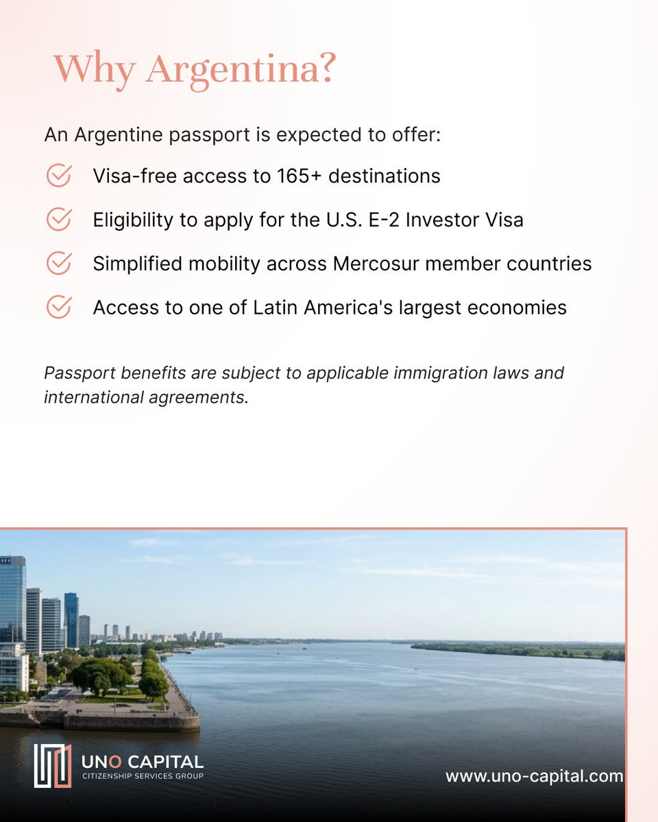 UNO_Capital's tweet photo. Argentina is set to reshape investment migration in South America. 

Register your interest today by contacting us at +971 50 895 6330 or emailing us at info@uno-capital.com. 
 
#Argentina #CitizenshipByInvestment #ResidencyByInvestment #LatinAmerica #UNOCapital https://t.co/8TA7ZBMVOT
