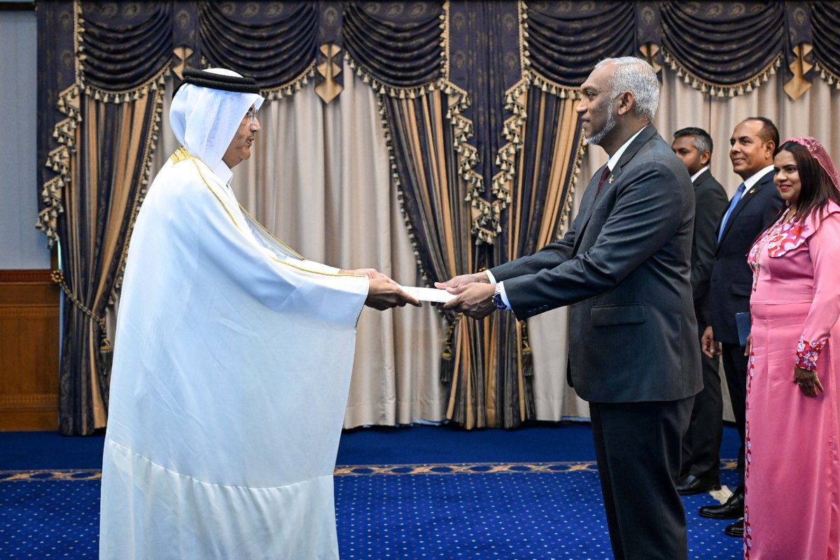 MofaQatar_EN's tweet photo. President of Republic of Maldives Receives Credentials of Qatar's Ambassador

Male, July 22, 2026

HE President of the Republic of Maldives Dr. Mohamed Muizzu has received the credentials of HE Hamad bin Mohammed Al Dosari as Ambassador Extraordinary and Plenipotentiary of the State of Qatar (non-resident) to the Republic of Maldives.

HE the Ambassador conveyed the greetings of HH the Amir Sheikh Tamim bin Hamad Al-Thani to HE the President of the Republic of Maldives as well as His Highness' wishes of good health and happiness to His Excellency, and continued progress and prosperity to the government and people of Maldives.

For his part, HE the President of the Republic of Maldives entrusted HE the Ambassador to convey his greetings to HH the Amir, wishing His Highness good health and happiness, and the State of Qatar continued progress and prosperity.

#MOFAQatar