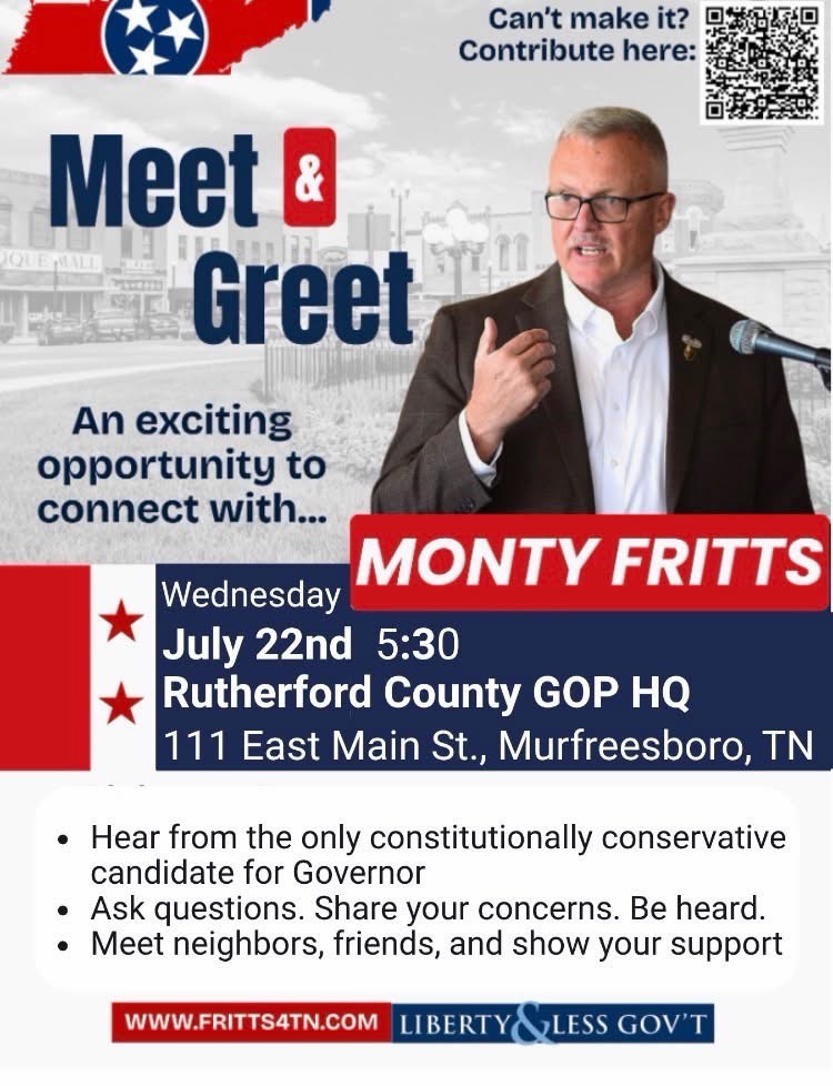 MontyFritts4TN's tweet photo. Meet Monty in Murfreesboro TONIGHT! 

111 E Main St, Murfreesboro, TN 37130-3726, United States.

Come hear from the ONLY constitutionally conservative candidate for Governor! https://t.co/fHqMXfjGUR