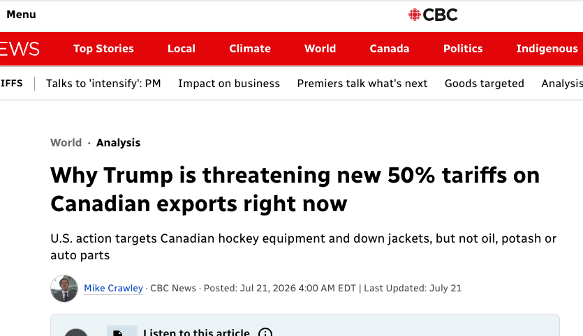 ryangerritsen's tweet photo. I've noticed over the last day that the media has been leaving out "dairy" from the conversation. Even this CBC headline only mentions hockey equipment & down jackets? 
Most news stories from all MSM also don't mention it. I've only heard one say Trump is targeting "milk"

Thats how powerful the dairy cartel in Canada is & they don't want Canadians to catch on to just how political that sector is.