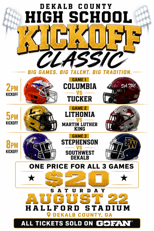 DCSDAthletics's tweet photo. #DCSDFootball The 2026 DCSD High School Football Kickoff Classic brings together six of last year's top programs for three games beginning at 2:00 pm on Saturday, August 22 at Hallford Stadium. Fans can see all three games for a single $20 game ticket. https://t.co/fbOsGmGLFn