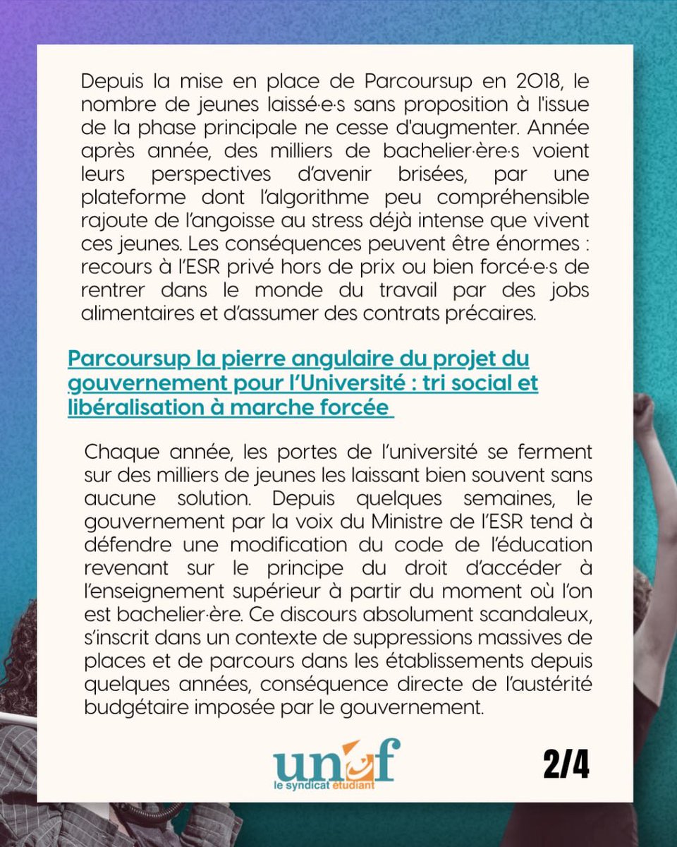 UNEF's tweet photo. 163 000 candidat·e·s sans fac après la phase principale de Parcoursup, ce n’est pas un hasard, c’est le résultat d’un système qui organise le tri social. Étudier est un droit, pas un privilège. 
L’UNEF poursuit la lutte des sans fac, rendez-vous le 15 septembre dans la rue !
1/2 https://t.co/uols4EXjYO