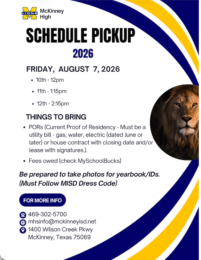 MHSLions's tweet photo. Seniors, Juniors, and Sophomores - We can't wait to see you at schedule pick-up on August 7th! The times have been adjusted slightly, so be sure you come at the time that corresponds with your grade level. See you soon! https://t.co/wcTejxiO1p