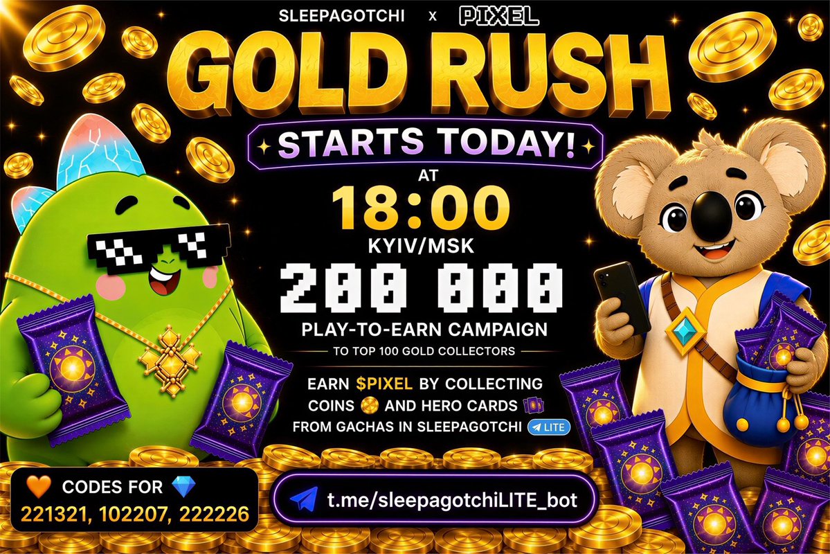 Hello_Everybaby's tweet photo. Who’s ready for the #Sleepagotchi &amp; #PIXEL Gold Event? 🔥🎮🦖💫✨

The event is live now and runs until July 29! ⏰⚡️

Join here 👇
https://t.co/Ja3jwBJa0K

💛 Codes for 💎: 221321, 102207, 222226

@Sleepagotchi
#Web3Gaming #TGGame #P2E #GameFi #Airdrop #Crypto #TelegramGame #NFT https://t.co/l6fSnOhmIH