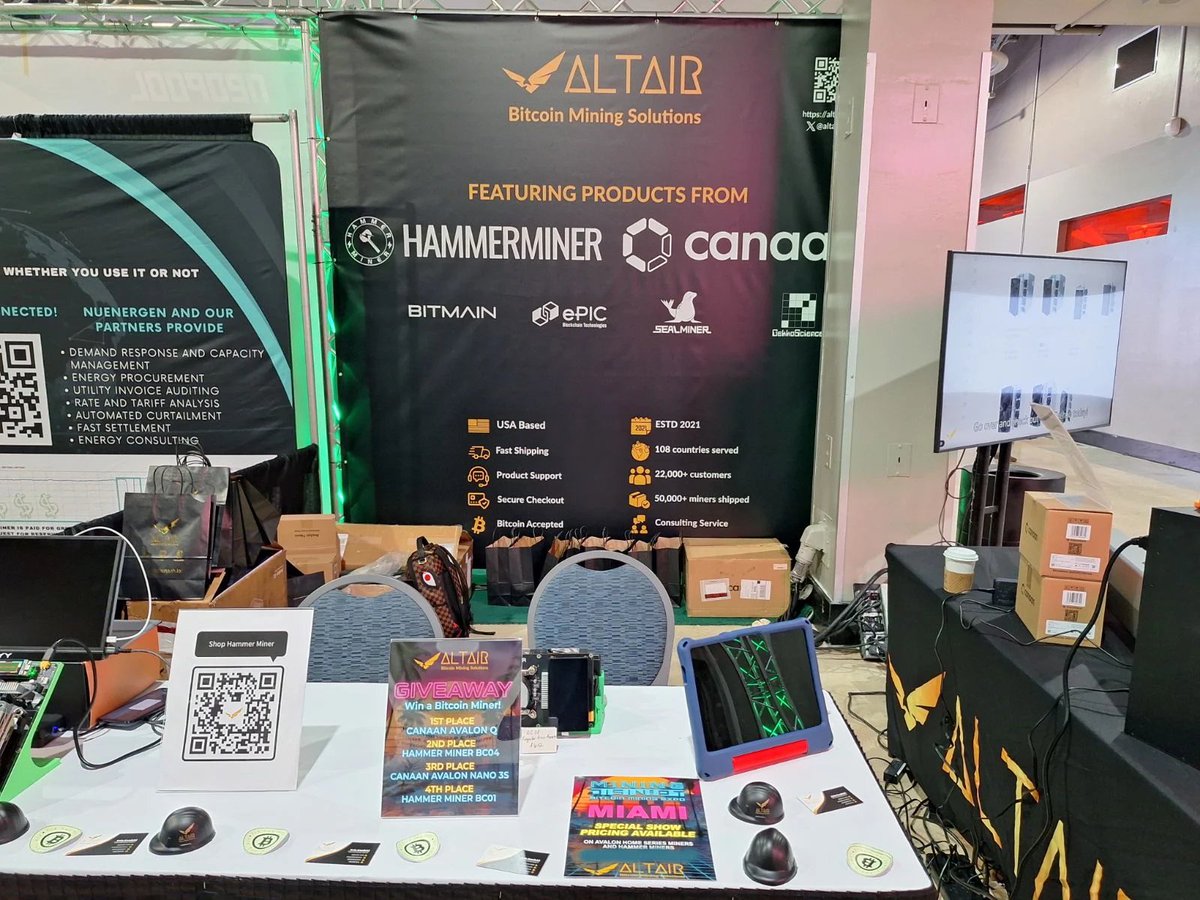 altair_tech's tweet photo. 🚀 We're LIVE at Mining Disrupt Booth 266!

Come see the full lineup of Canaan &amp; Hammer home mining rigs up close - Avalon Q, Nano 3S, Mini 3, BC04, BC08, KBox &amp; more.

🎁 Enter to WIN free rigs
💰 Special show pricing
🎉 Tons of free swag

Stop by, say hi &amp; stack some hashrate! https://t.co/vDPFfUVB0G